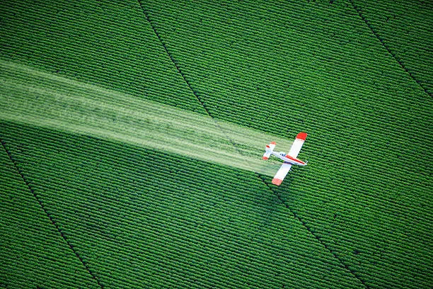 An overhead view of a crop duster spraying agricultural chemicals on a farm field.