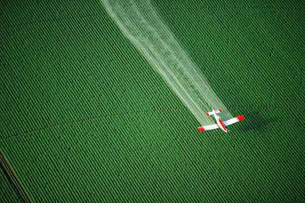 Crop duster plane in action in a field stock photo