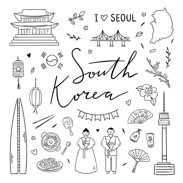 South Korea hand drawn set with landmarks, traditional food and people. Vector travel illustrations. Visit Asia clipart collection South Korea hand drawn set with landmarks, traditional food and people. Vector travel illustrations. Visit Asia clipart collection korean icon stock illustrations