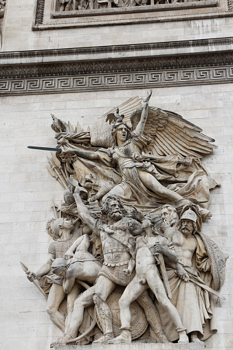 Sculptural group Departure of the Volunteers of 1792 (Le Départ de 1792) which is and is the most famous statue commonly known as La Marseillaise on one pillar of the Arc de Triomphe in Paris, France