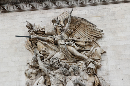 Detail of a sculptural group Departure of the Volunteers of 1792 (Le Départ de 1792) which is and is the most famous statue commonly known as La Marseillaise on one pillar of the Arc de Triomphe in Paris, France