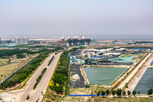 Overlooking Hebei Province's coastal roads, farmland and old factories from a high altitude