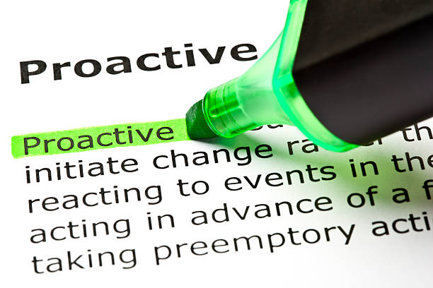 'Proactive' highlighted in green The word 'Proactive' highlighted in green with felt tip pen initiative stock pictures, royalty-free photos & images