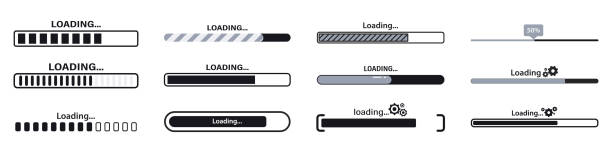 進行状況バー。ロードサインベクトルのイラスト。接続インジケータのセット。コレクションの読み込み状況 、進行状況視覚化 web デザイン要素を背景にします。ダウンロードの進行状況 - 積み込む点のイラスト素材／クリップアート素材／マンガ素材／アイコン素材