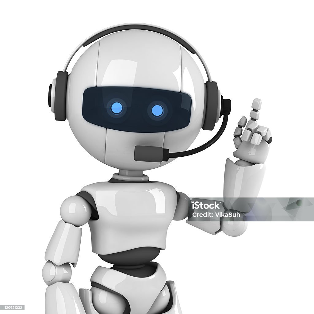 Cartoon robot wearing headphones Funny white robot stay with headphones Color Image Stock Photo