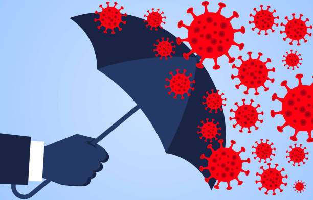 рука держит зонтик против новой коронавирусной пневмонии 2019 года, глобального вируса чумы - virus defense stock illustrations