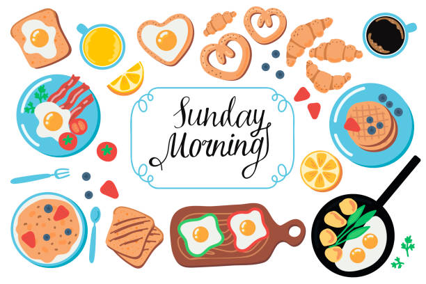 векторный набор иконок еды: яичница, кофе, апельсиновый сок, бекон, блины, фрукты, круассаны. коллекция блюд для завтрака scrapbook. - fork plate isolated scrambled eggs stock illustrations