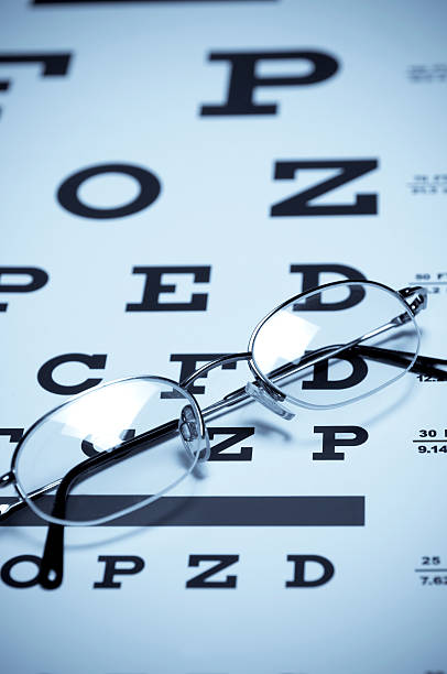 Seeing Eyeglasses on a Snellen Eye  Exam Chart stock photo