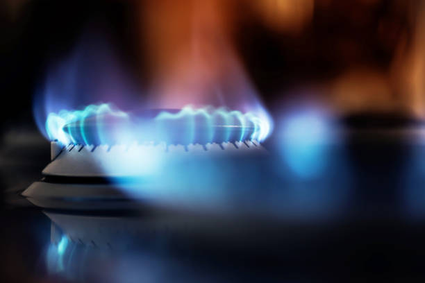 flames of gas stove - blue flame natural gas fireplace imagens e fotografias de stock