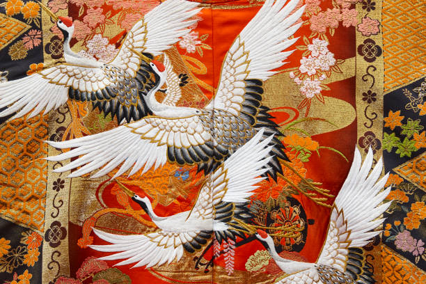 istock Traditional japanese kimono textile pattern style with crane element 1209218477