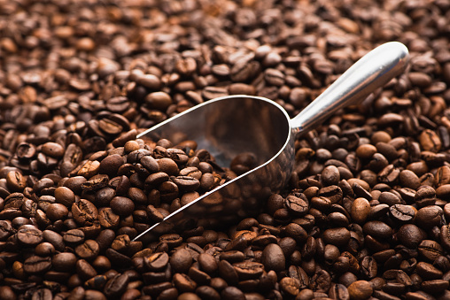 fresh roasted coffee beans with metal spatula