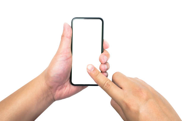 istock men hand holding and touching blank screen smartphone on white background 1209221183