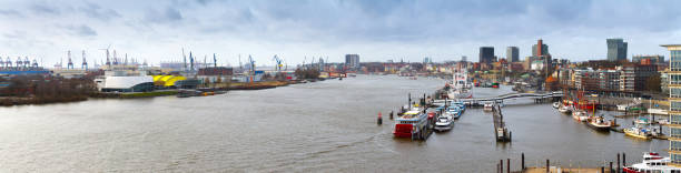 istock Panoramic views of the Elbe River, harbor, dock and waterfront in Hamburg, Germany. 1209226009