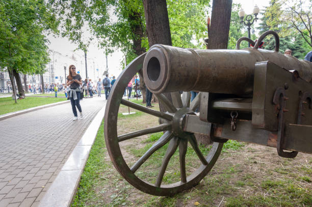 Moscow, Russia - June 12, 2017:  Moscow historical festival Times and epochs. Historical reconstruction, cannon of sample of 19th century on Moscow streets.