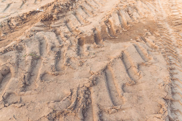 istock Traces of tractor wheels on the sand 1209228237
