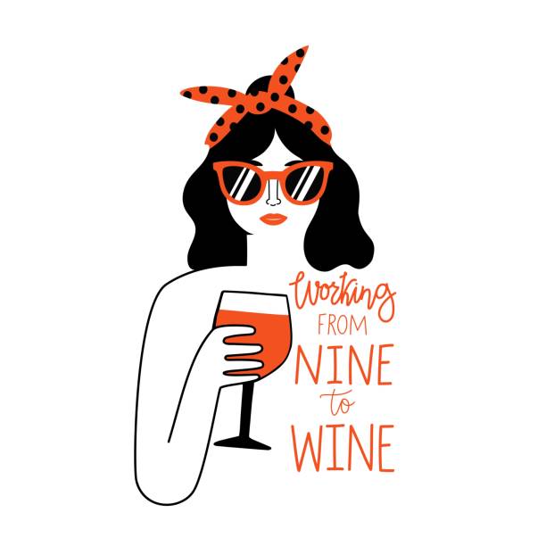 Black hair and red lips woman in sunglasses and headband holding glass of red wine. Working from nine to wine lettering phrase. Funny apparel print design with text, decoration typography poster motto stock illustrations