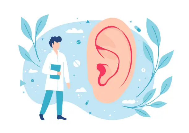 Vector illustration of Otolaryngologist examines the ear. ENT consults. Hearing and deafness.