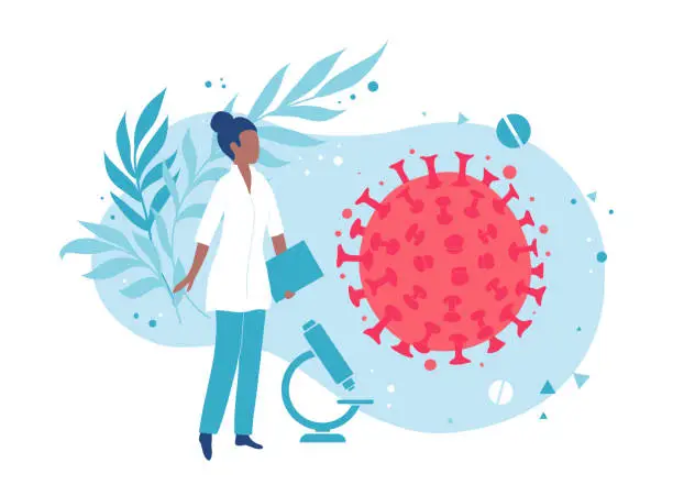 Vector illustration of A microbiologist or virologist examines the virus. Laboratory bacteriological analysis