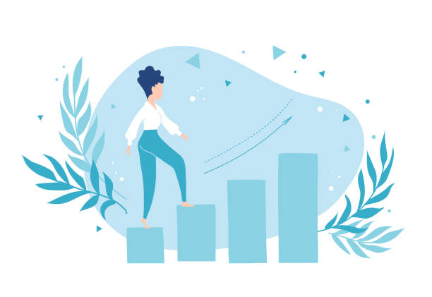 Business woman climbing the career ladder. She purposefully goes to her goal. Business woman climbing the career ladder. She purposefully goes to her goal. Motivational concept achievement illustrations stock illustrations