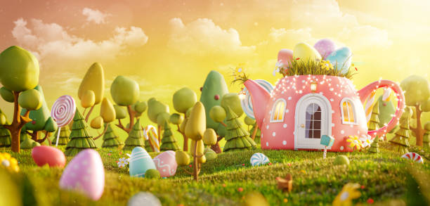 unusual colorful easter 3d illustration - miracle food imagens e fotografias de stock