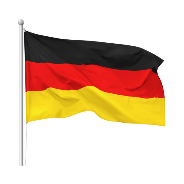 德意志聯邦共和國國旗在旗杆上的風中，在白色背景上隔離，向量 - 德國國旗 幅插畫檔、美工圖案、卡通及圖標