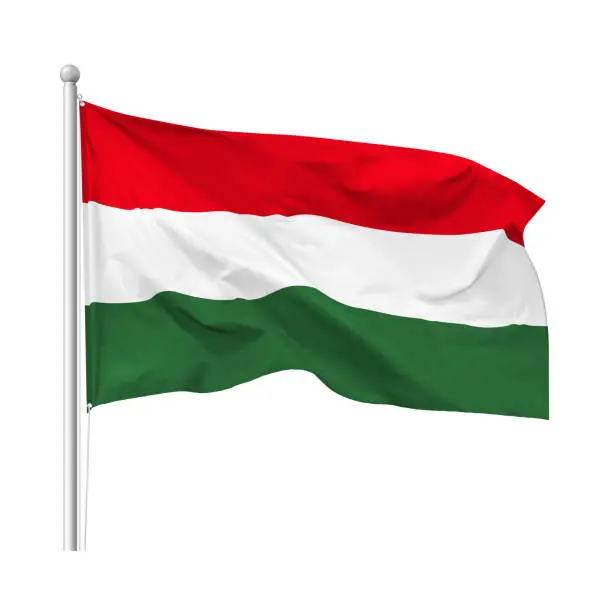 Vector illustration of Flag of Hungary in the wind on flagpole, isolated on white background, vector