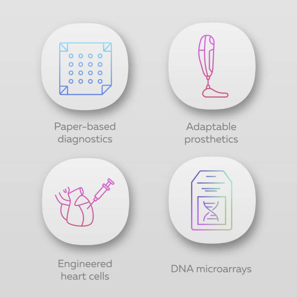 illustrazioni stock, clip art, cartoni animati e icone di tendenza di set di icone dell'app di bioingegneria. diagnostica cartacea, protesi adattabili, cellule cardiache ingegnerizzate, microarray di dna. interfaccia utente ui/ux. applicazioni web o mobili. illustrazioni isolate vettoriali - microarray