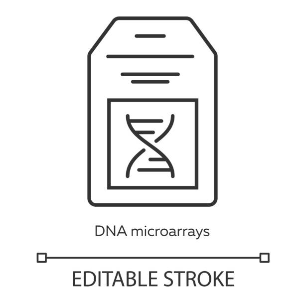 illustrazioni stock, clip art, cartoni animati e icone di tendenza di icona lineare del microarray di dna. chip di dna. raccolta microscopica dei punti cromosomici. biochip. bioingegneria. illustrazione a linea sottile. simbolo di contorno. disegno contorno isolato vettoriale. tratto modificabile - microarray