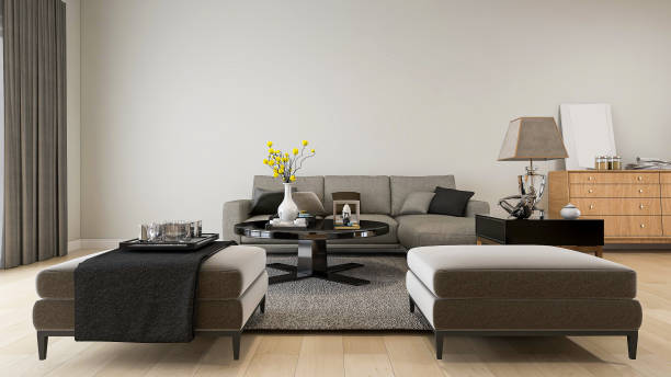 istock 3D rendering, spacious living room design of modern residence, with sofa, tea table, cupboard and desk in office area 1209236799