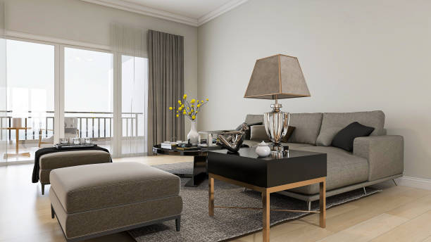 istock 3D rendering, spacious living room design of modern residence, with sofa, tea table, cupboard and desk in office area 1209236816