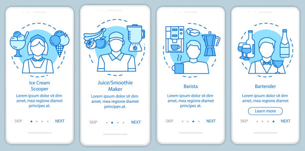 ilustraciones, imágenes clip art, dibujos animados e iconos de stock de cafe & fast food industria a tiempo parcial trabajo azul de incorporación de la pantalla de la página de la aplicación móvil con conceptos lineales. el tutorial de barista pasa instrucciones gráficas. ux, ui, plantilla vectorial gui con ilustraciones - marketing social media facebook youtube
