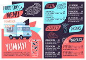 istock Food truck menu template. Print design with flat icons. Concept vector illustrations. Restaurant, cafe banner, flyer brochure page with food prices layout 1209238905