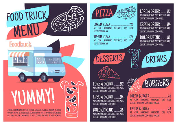 Food truck menu template. Print design with flat icons. Concept vector illustrations. Restaurant, cafe banner, flyer brochure page with food prices layout Food truck menu template. Print design with flat icons. Concept vector illustrations. Restaurant, cafe banner, flyer brochure page with food prices layout dining illustrations stock illustrations
