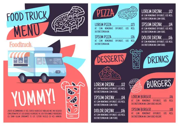 Vector illustration of Food truck menu template. Print design with flat icons. Concept vector illustrations. Restaurant, cafe banner, flyer brochure page with food prices layout