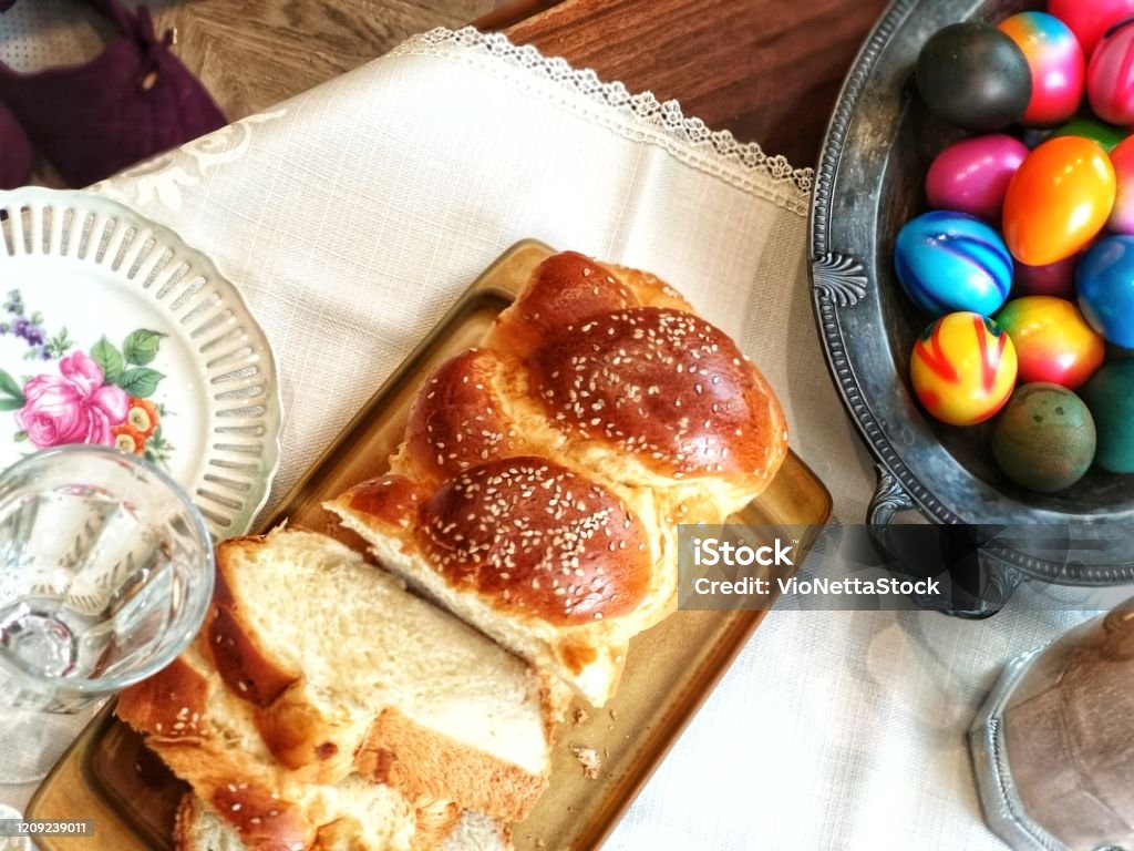 Easter food stock image Table with egss and Easter bread Bulgaria Stock Photo