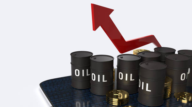istock red Arrow pointing up and oil tanks  3d rendering image for Petroleum business content. 1209239105
