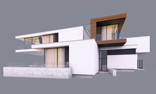 istock 3d rendering of modern house by the river at evening isolated on gray. 1209239447