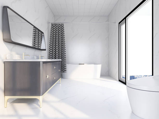 istock 3D rendering, clean modern residential bathroom and toilet design, which is equipped with washstand, toilet, bathtub, dressing table, shower equipment and green plants. 1209239478