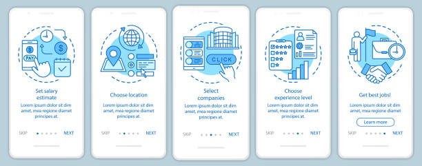 ilustraciones, imágenes clip art, dibujos animados e iconos de stock de búsqueda de trabajos a tiempo parcial azul incorporación de la pantalla de página de la aplicación móvil con conceptos lineales. seleccione empresas, obtenga instrucciones gráficas de pasos del tutorial de trabajo. ux, ui, plantilla vectorial gui con - marketing social media facebook youtube