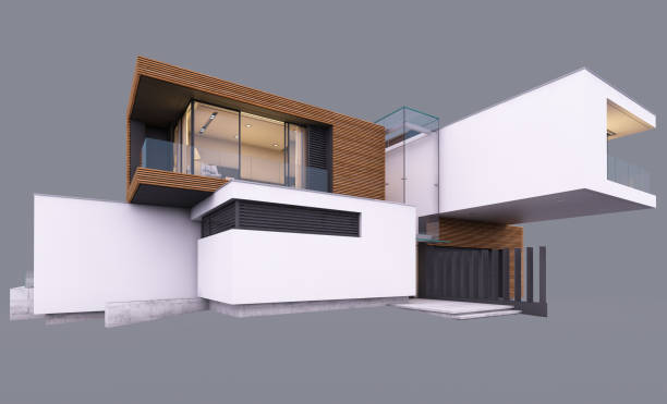 istock 3d rendering of modern house by the river at evening isolated on gray. 1209240176
