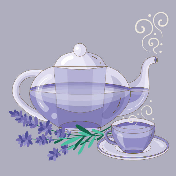 illustrazioni stock, clip art, cartoni animati e icone di tendenza di teiera e tazza di tè alla lavanda alle erbe - lavender mint tea