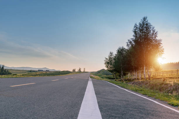 istock Asphalt road passing through grassland with sunrise 1209244276