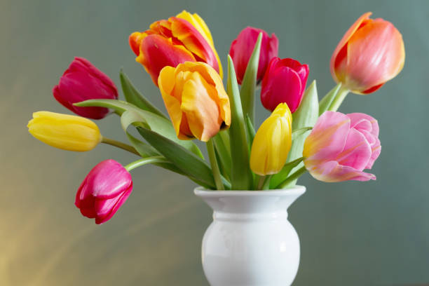 istock beautiful tulips in vase on green background 1209245412