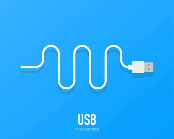 ilustrações, clipart, desenhos animados e ícones de design de fundo conceito de potência, cabo branco usb, isolado em um fundo azul. - cable audio equipment electric plug computer cable