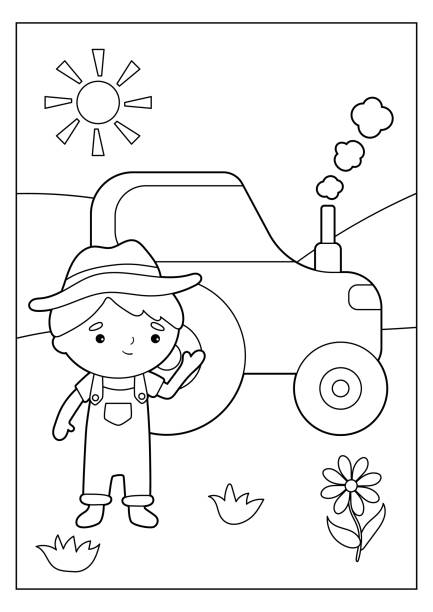 Educational game for preschoolers. Coloring page. Cute kawaii farmer with tractor. Vector illustration. coloring book page illlustration technique illustrations stock illustrations