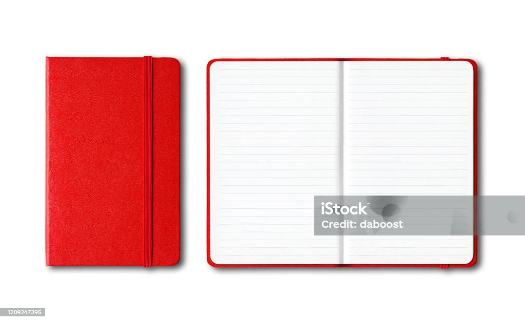 Red closed and open lined notebooks isolated on white Red closed and open lined notebooks mockup isolated on white Note Pad Stock Photo