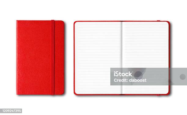 Red Closed And Open Lined Notebooks Isolated On White Stock Photo - Download Image Now