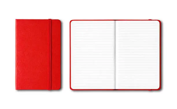 Red closed and open lined notebooks mockup isolated on white