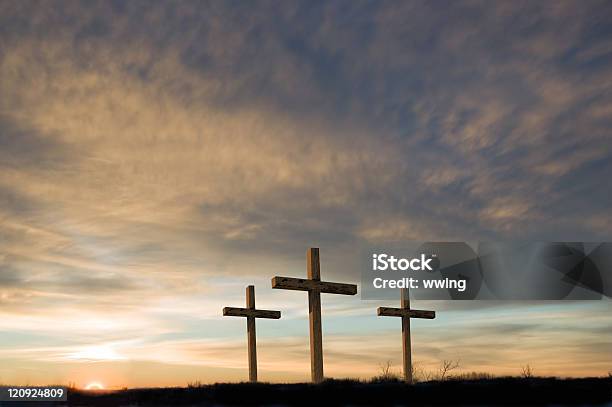 Three Crosses On Good Friday With Setting Sun And Copy Stock Photo - Download Image Now