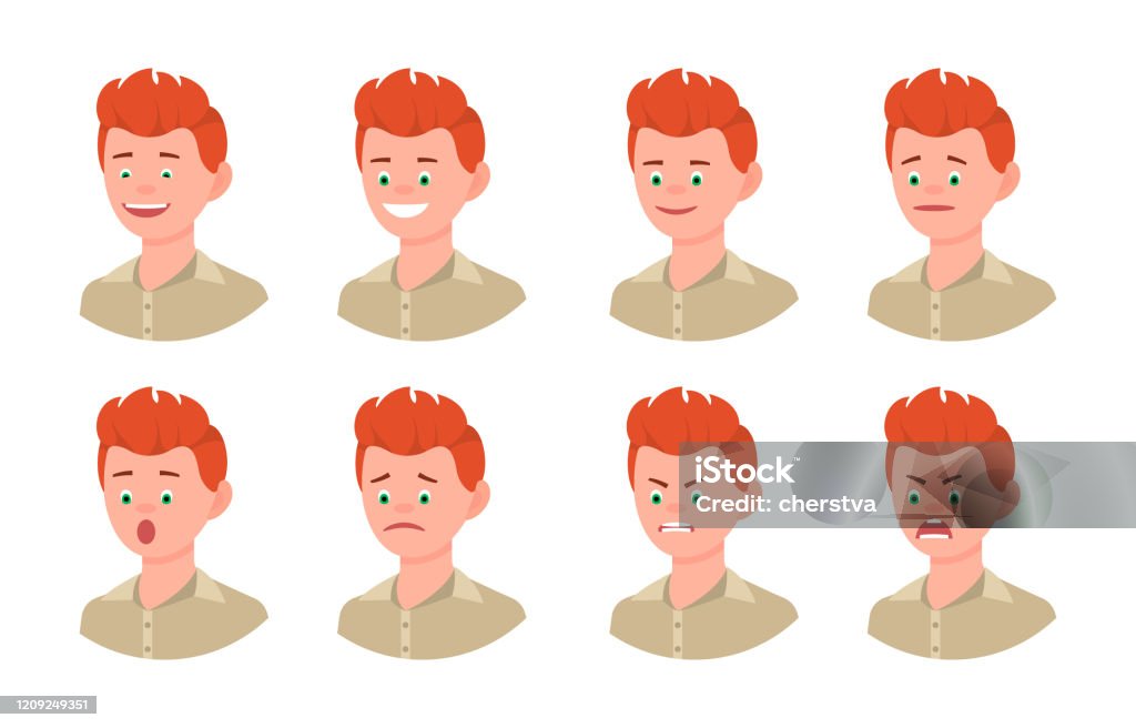 Emotional Face Cartoon Character Young Office Man 34 Side View Design  Vector Illustration Set Happy Smiling Upset Surprised Sad Angry Shouting  Red Hair Person Flat Style Concept Stock Illustration - Download Image